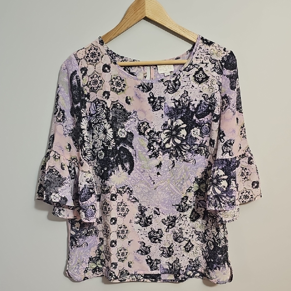Violet Claire Floral Print Women's Top - Purple, Pink Black Size Large